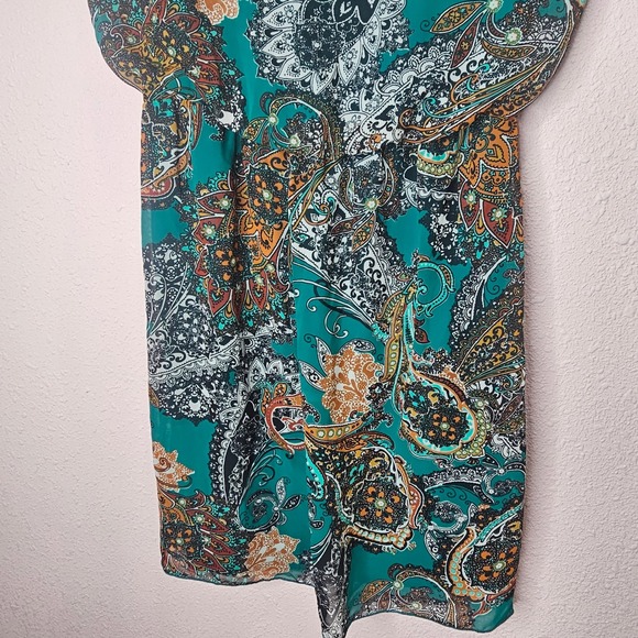 Paisley Print Green Dress Sheer Overlay Sleeveless Party Cocktail Autumn Harvest - Picture 3 of 12